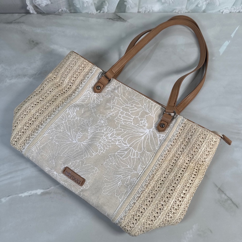 Sakroots Canvas and Straw Floral Tote Bag Beige White Brown Beach Coastal Summer